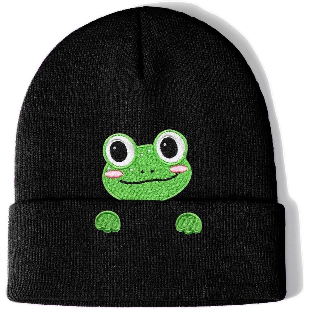 Charming Black Frog-Embroidered Beanie - Perfect Gift for Animal Lovers